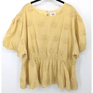 Hayden Los Angeles Blouse 3XL Butter Yellow Embroidered Peplum Puff Sleeve Boho‎